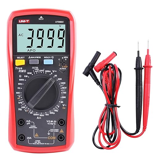 جهاز قياس UT890C رقمي متعدد الوظائف ترو ار ام اس بـ6000 قراءة، يستخدم كأميتر وفولتميتر لقياس الجهد المتردد/المستمر، المقاومة، التيار، السعة، والتردد، وقياس درجة الحرارة، مع مسبار وشاشة ال سي دي
